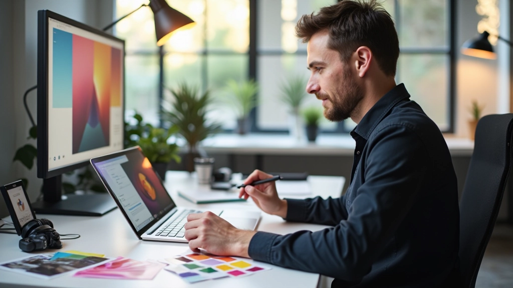 Designer travaillant sur palette de couleurs avec écran de motion design et outils numériques sur bureau moderne