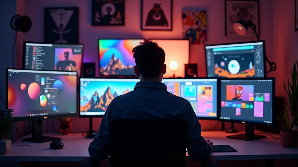 Studio de motion design moderne avec écrans affichant palettes de couleurs et animations fluides, ambiance professionnelle créative